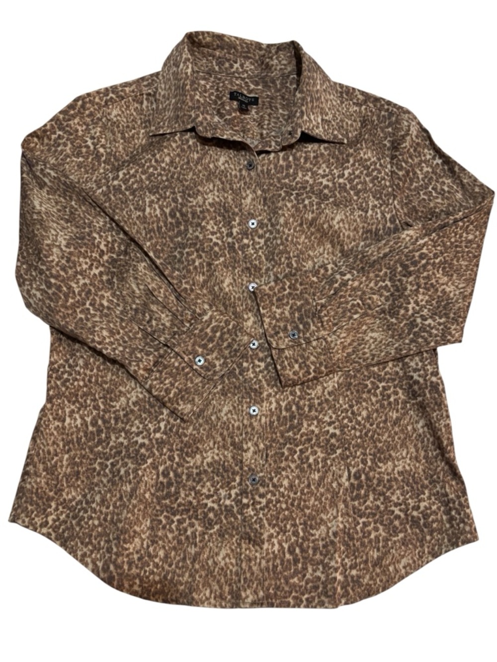Talbots Animal Print Button Front Shirt Size 10 Brown Stretch 3/4 Sleeve Neutral